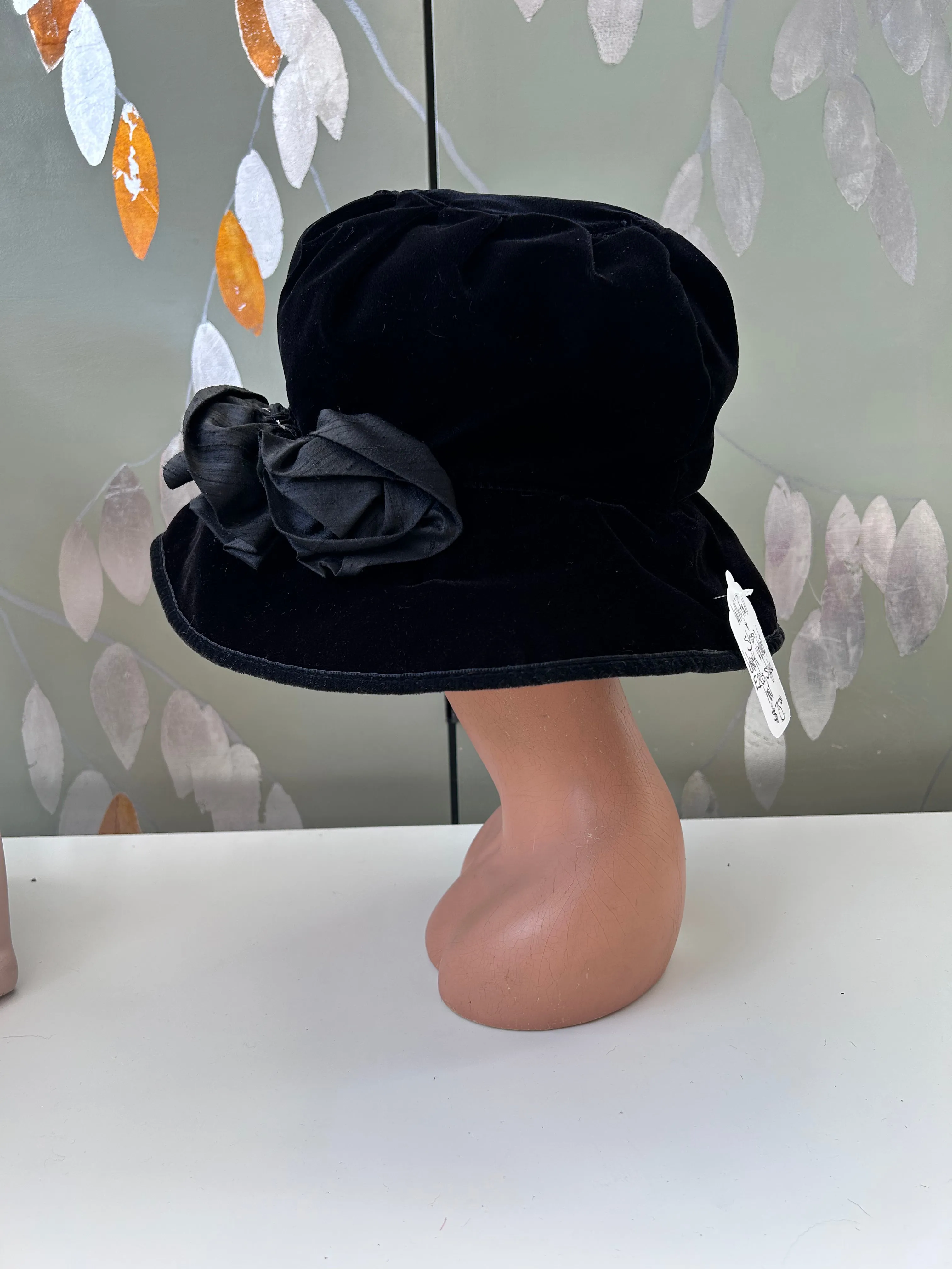 1920s Style Black Velvet Hat with Roses by Whitall & Shon