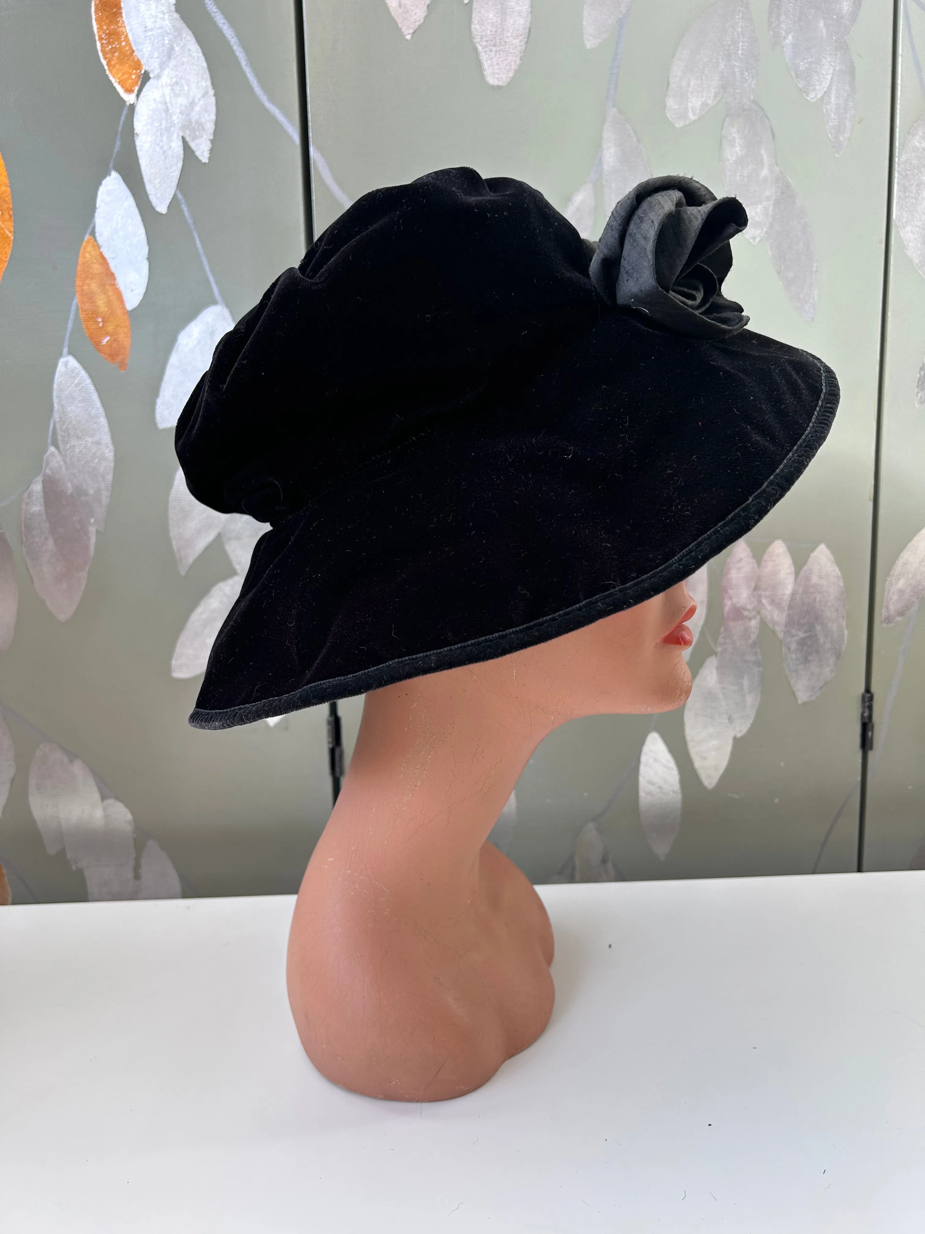 1920s Style Black Velvet Hat with Roses by Whitall & Shon