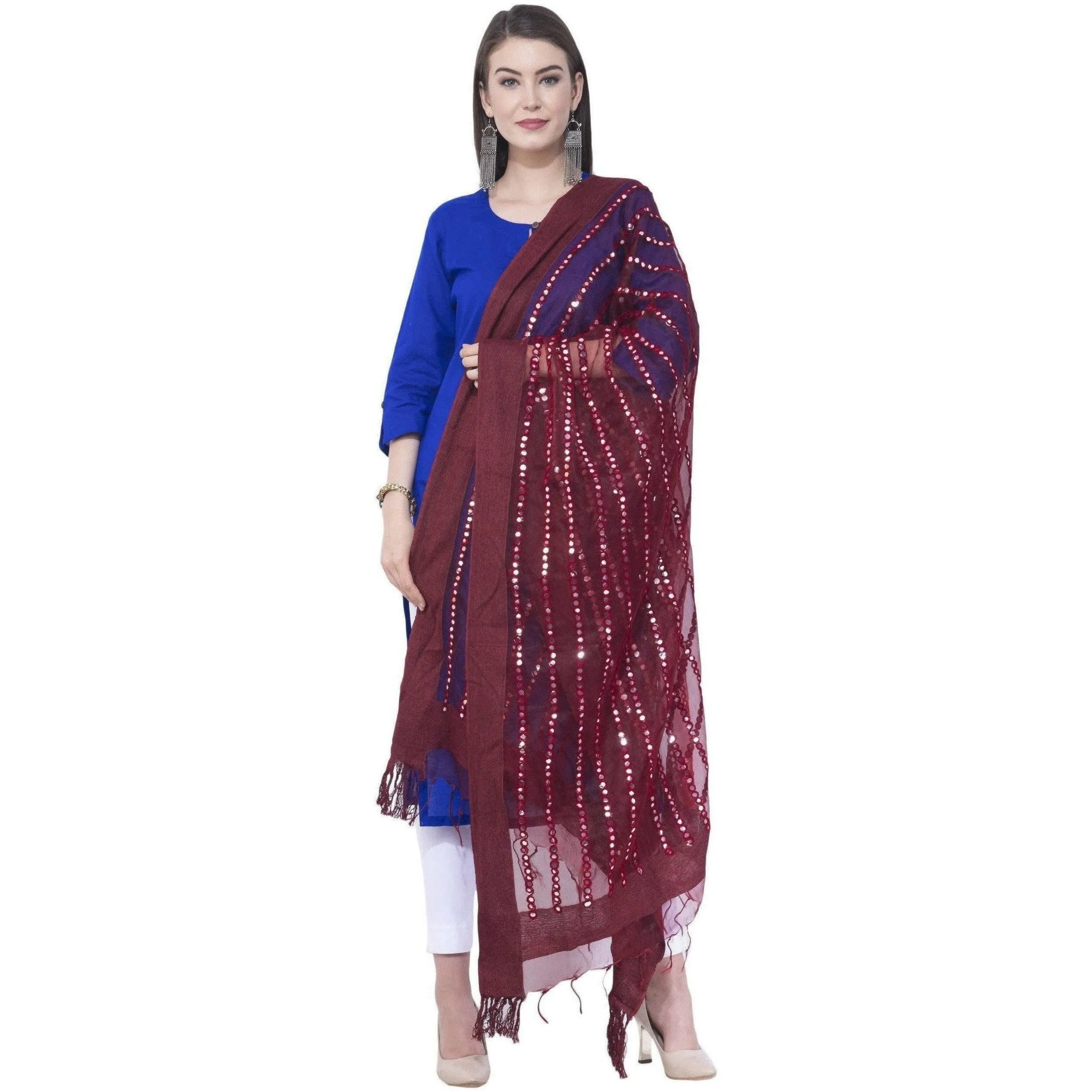 A R Silk Mehroon Color Mirror Stripe Orgenza Cotton Dupattas and Chunnis