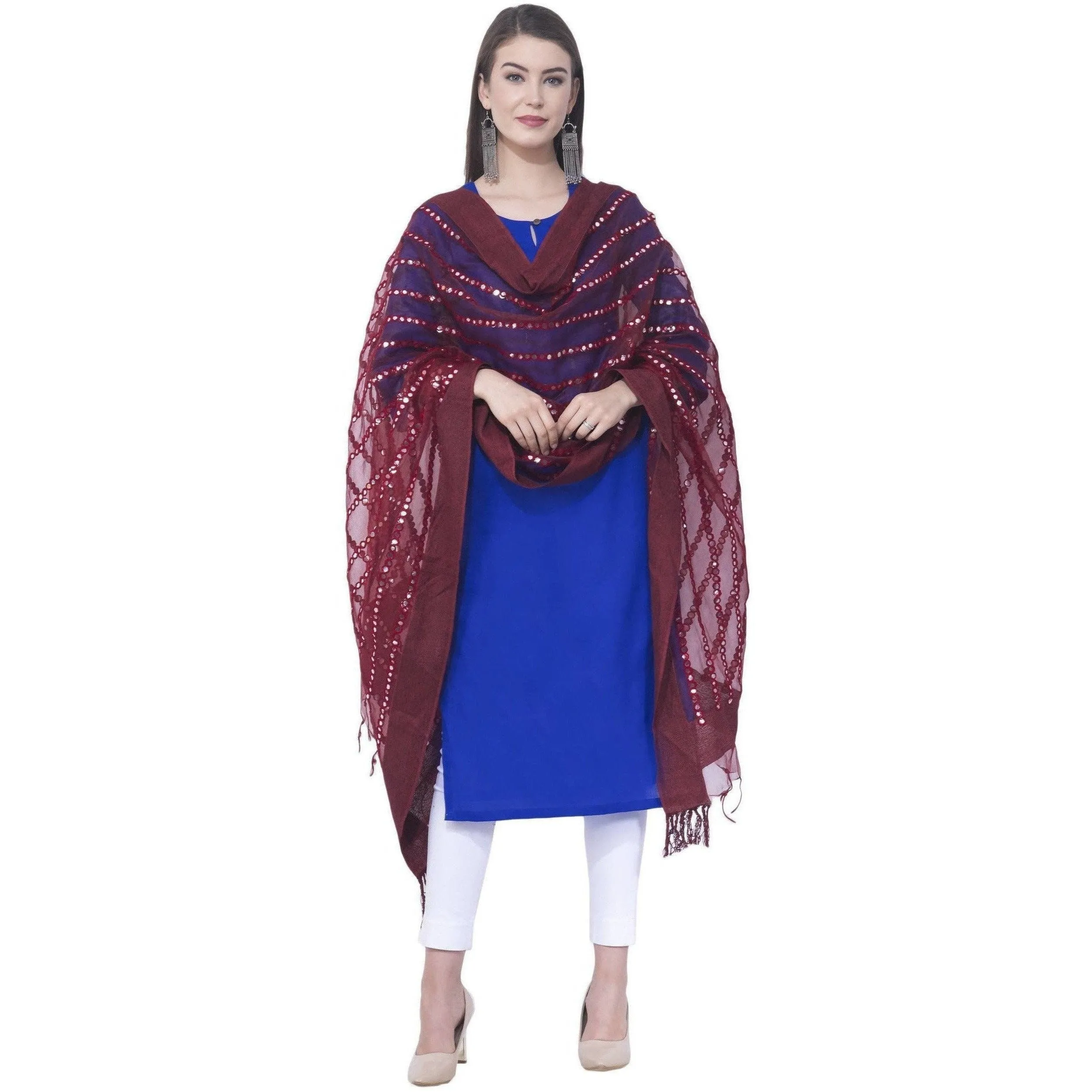 A R Silk Mehroon Color Mirror Stripe Orgenza Cotton Dupattas and Chunnis