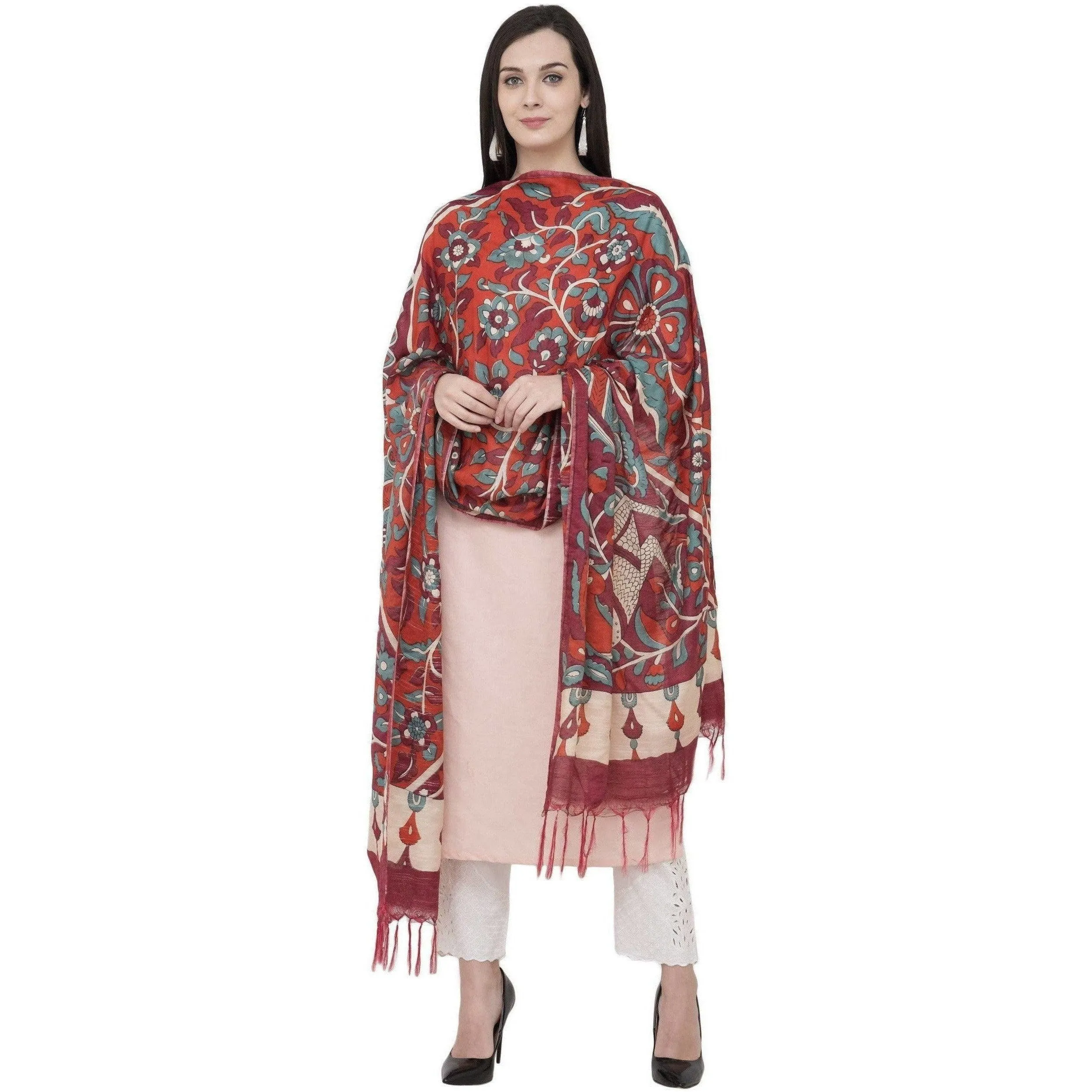 A R Silk Modal Kalamkari Print Fancy Dupatta Color Mehroon Dupatta or Chunni