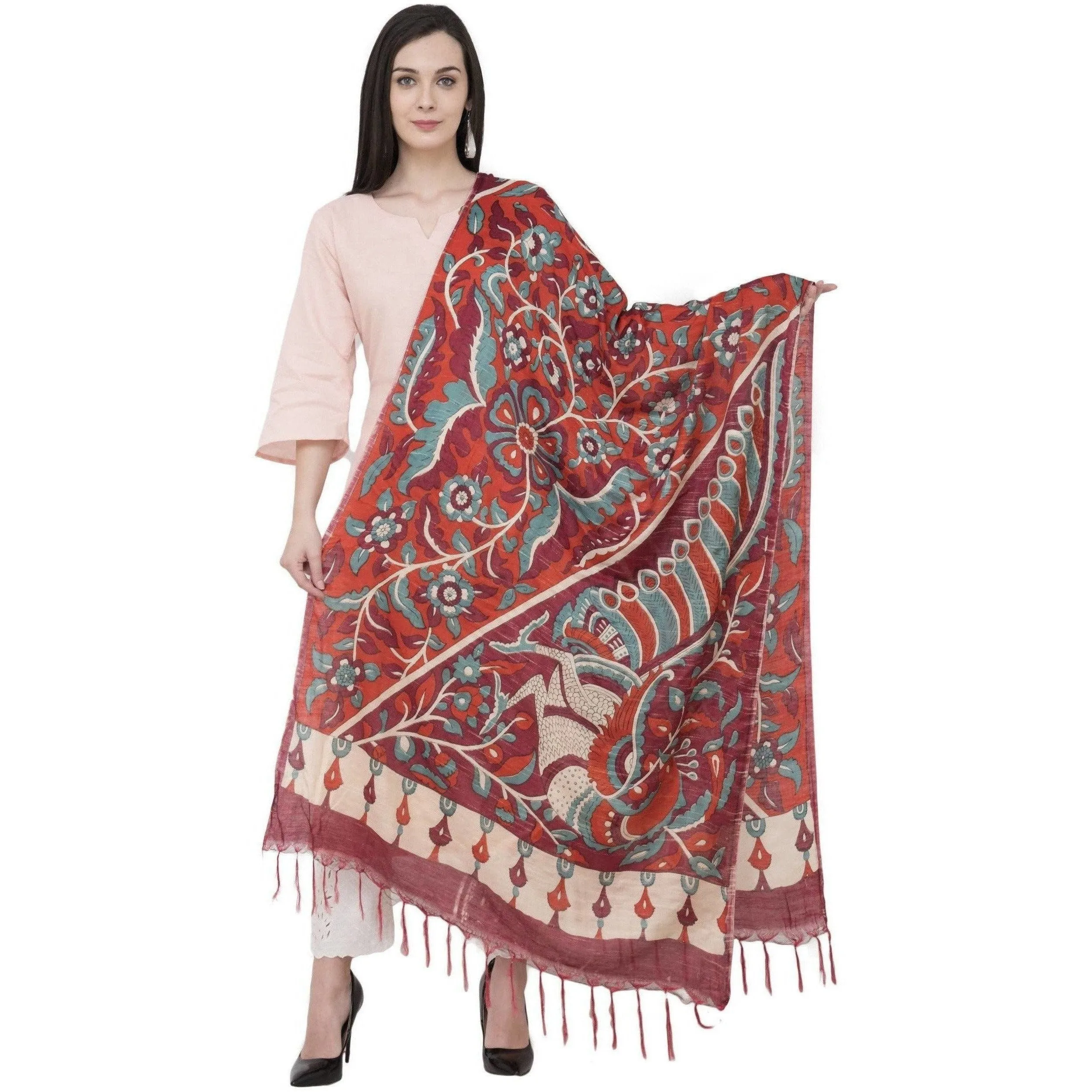 A R Silk Modal Kalamkari Print Fancy Dupatta Color Mehroon Dupatta or Chunni