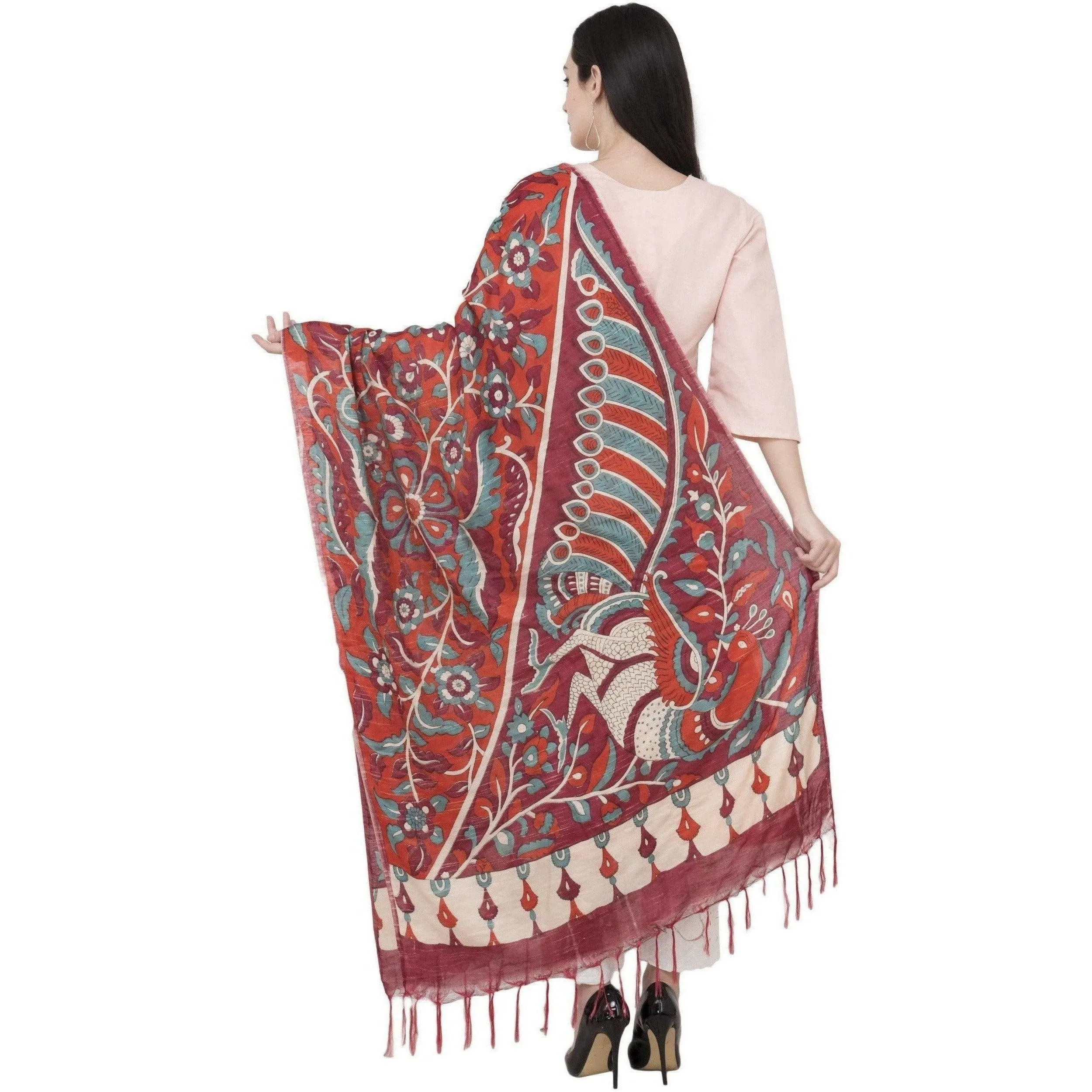 A R Silk Modal Kalamkari Print Fancy Dupatta Color Mehroon Dupatta or Chunni