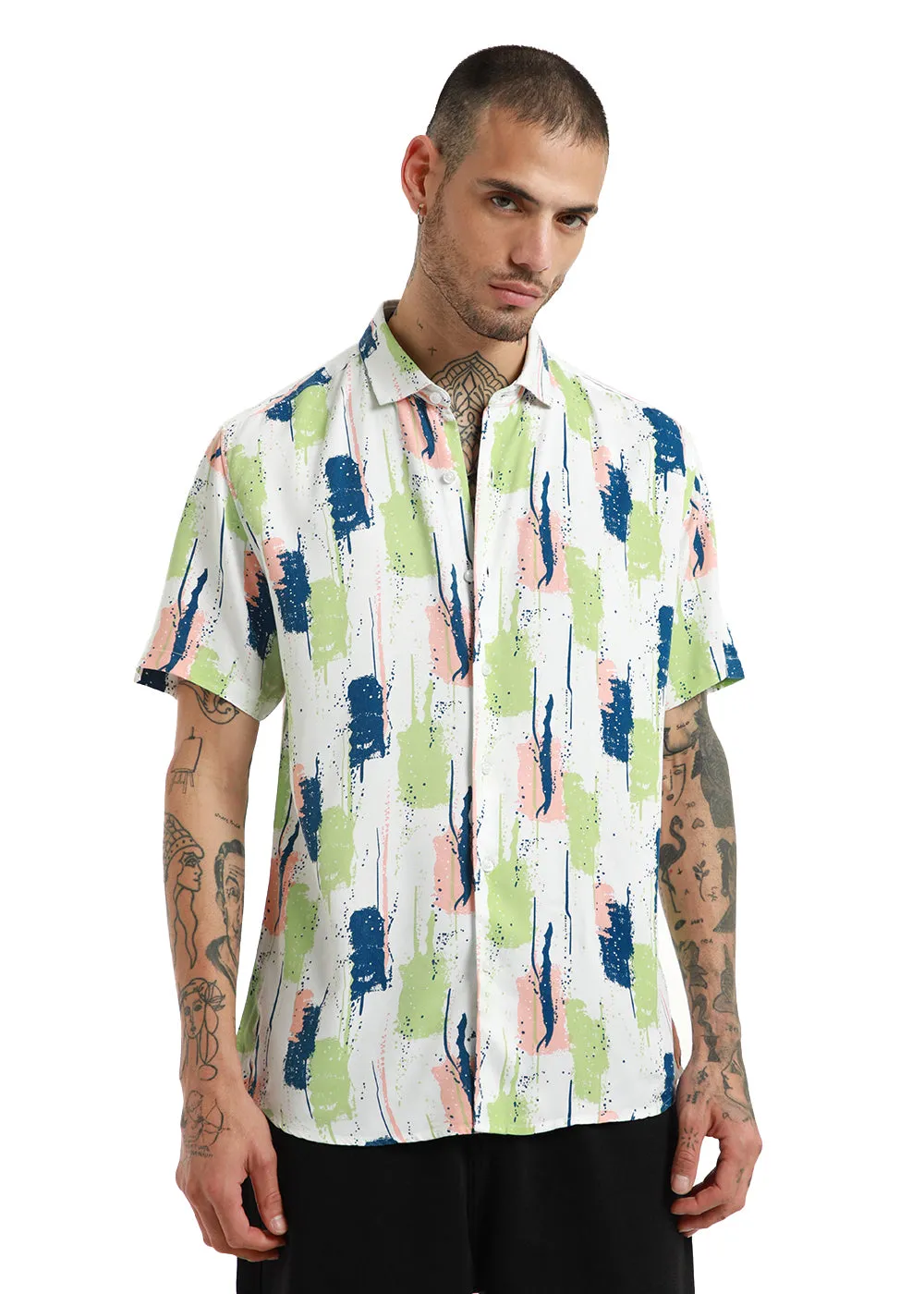 Abstract Green Print Half Sleeve Shirt