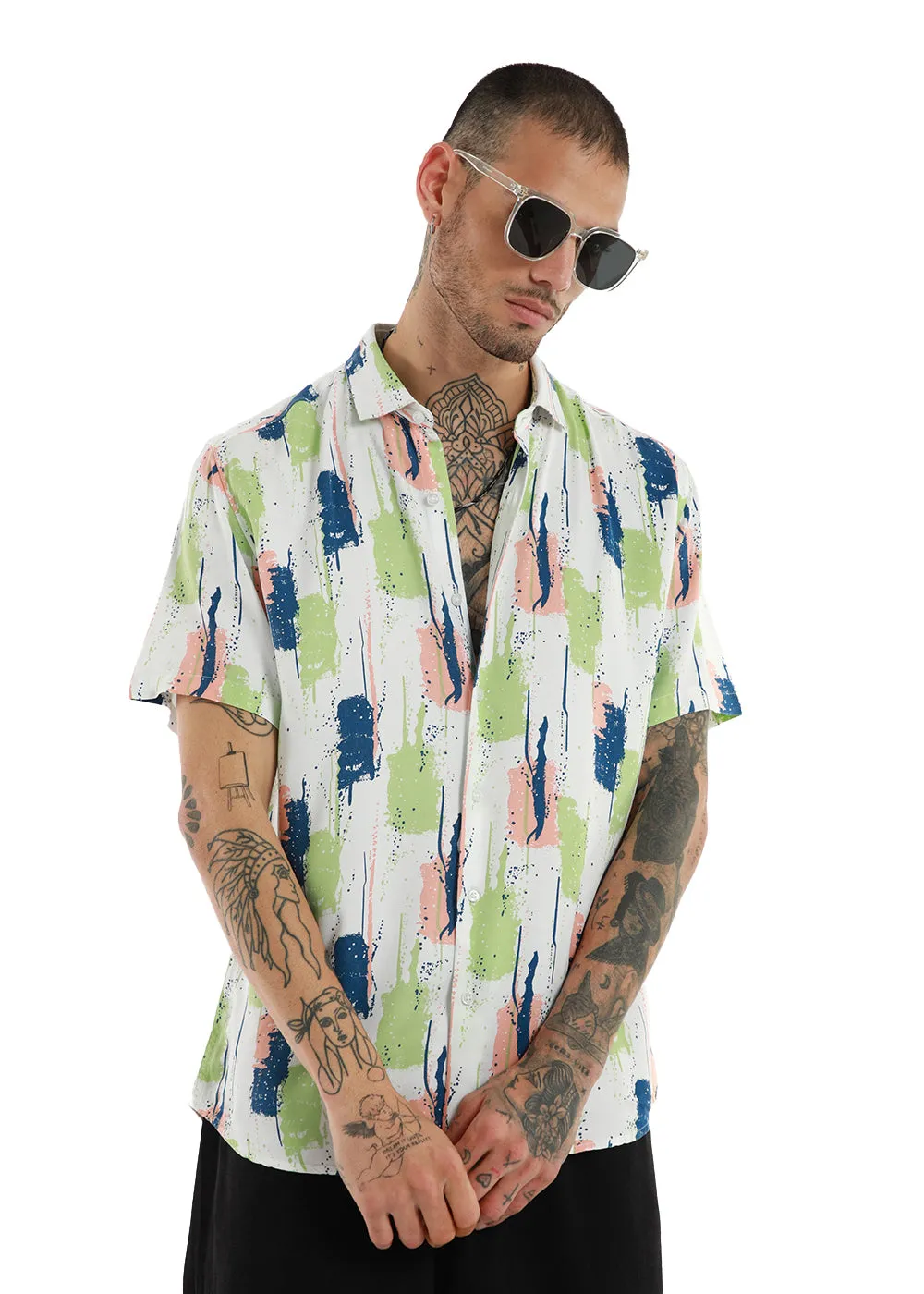 Abstract Green Print Half Sleeve Shirt