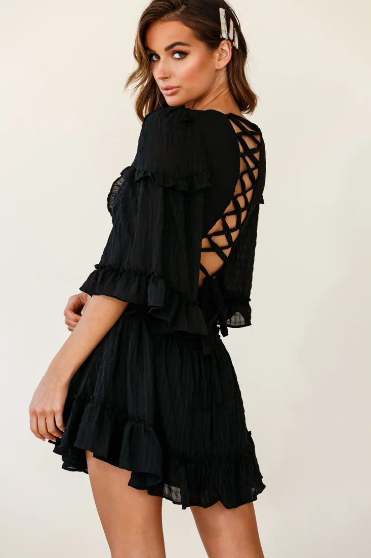 Albany Lace Up Back Frill Dress Shirred Black