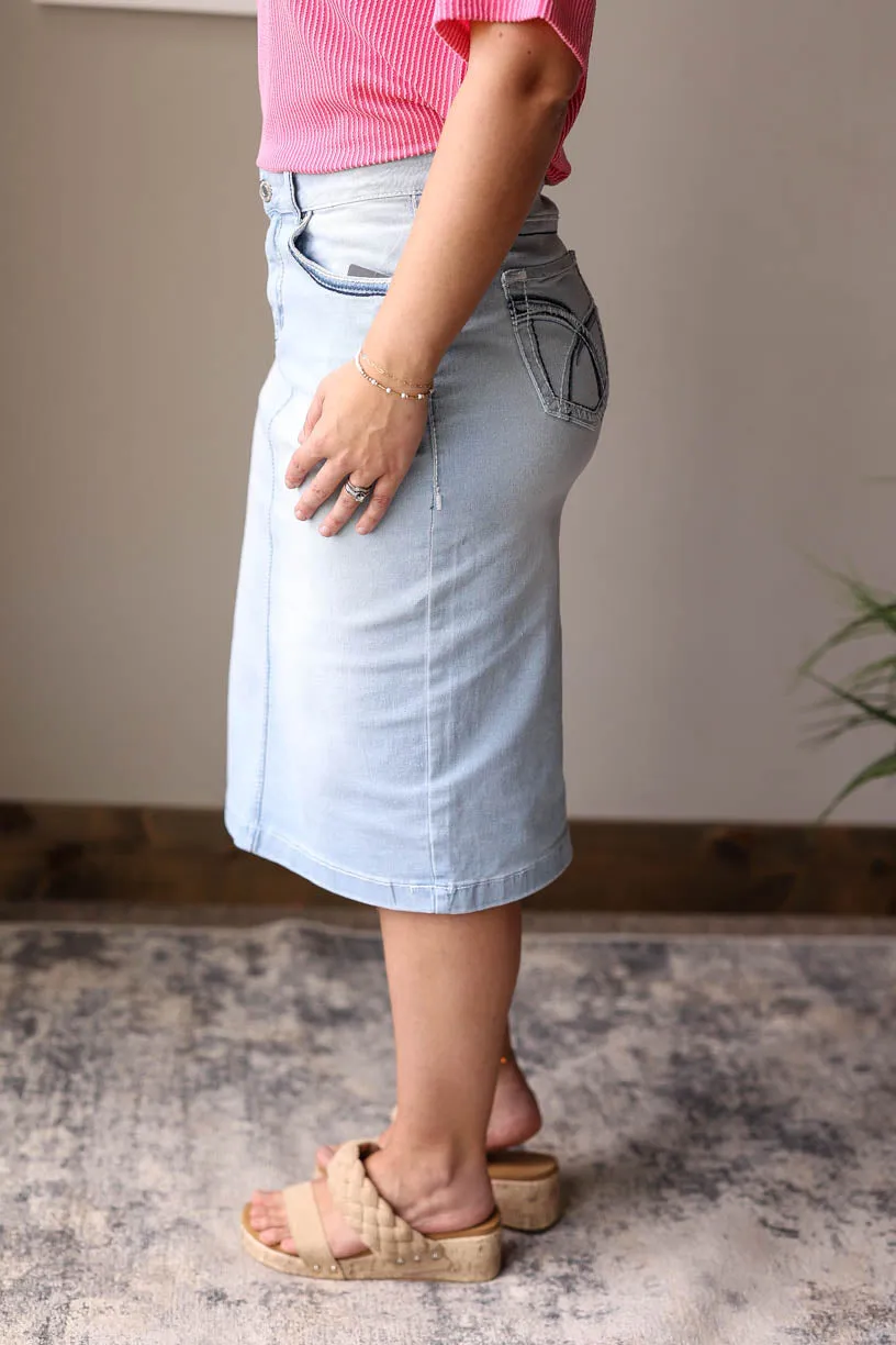 Aurora Light Wash Heavy Stitching Midi Skirt