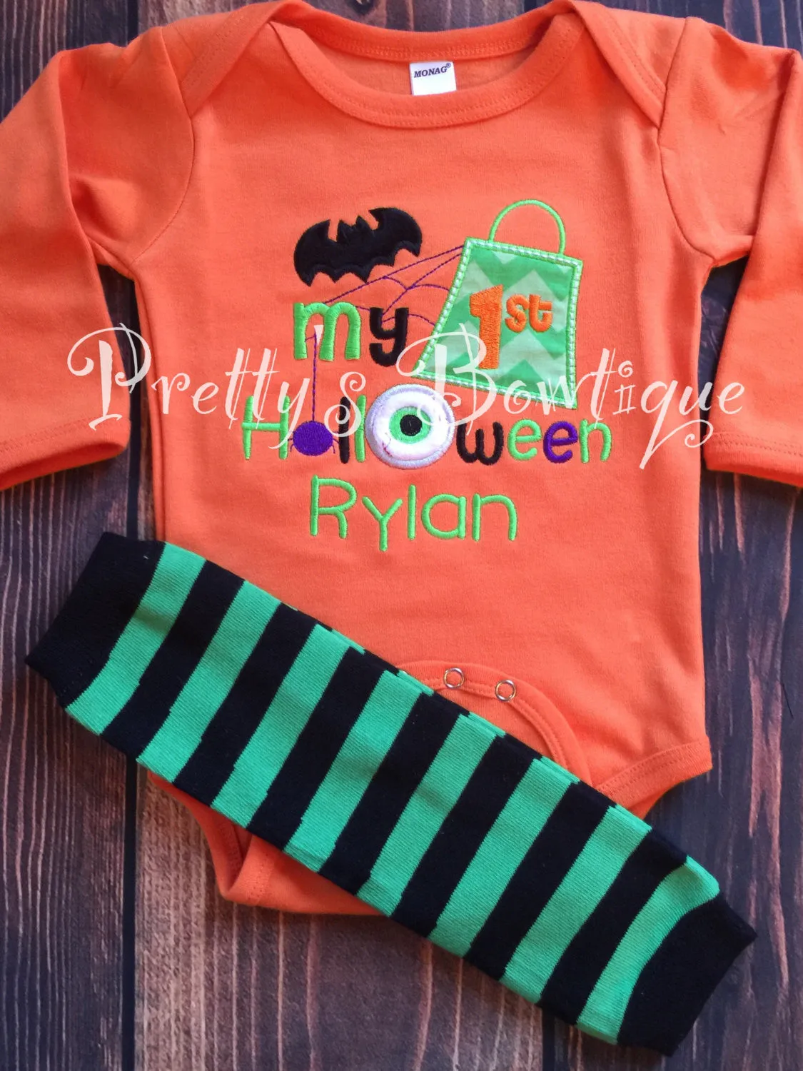 Baby Halloween Bodysuit or Shirt with Leg Warmers for Boy Personalized with Name -- Newborn to 18 Months