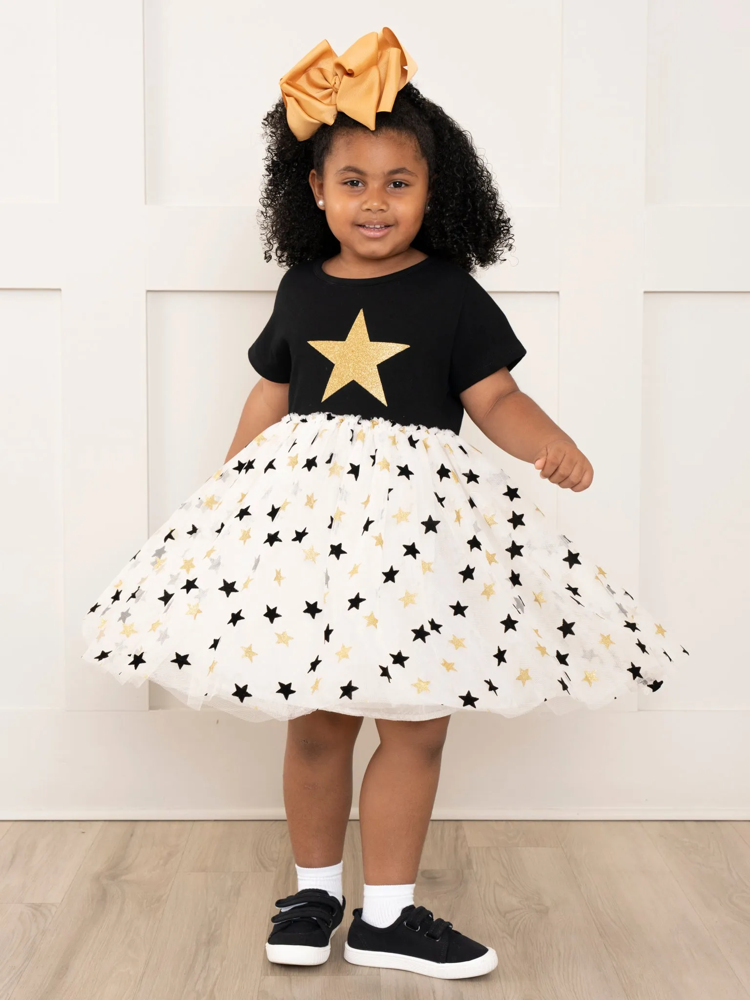 Black & Gold Glitter Stars Tulle Dress