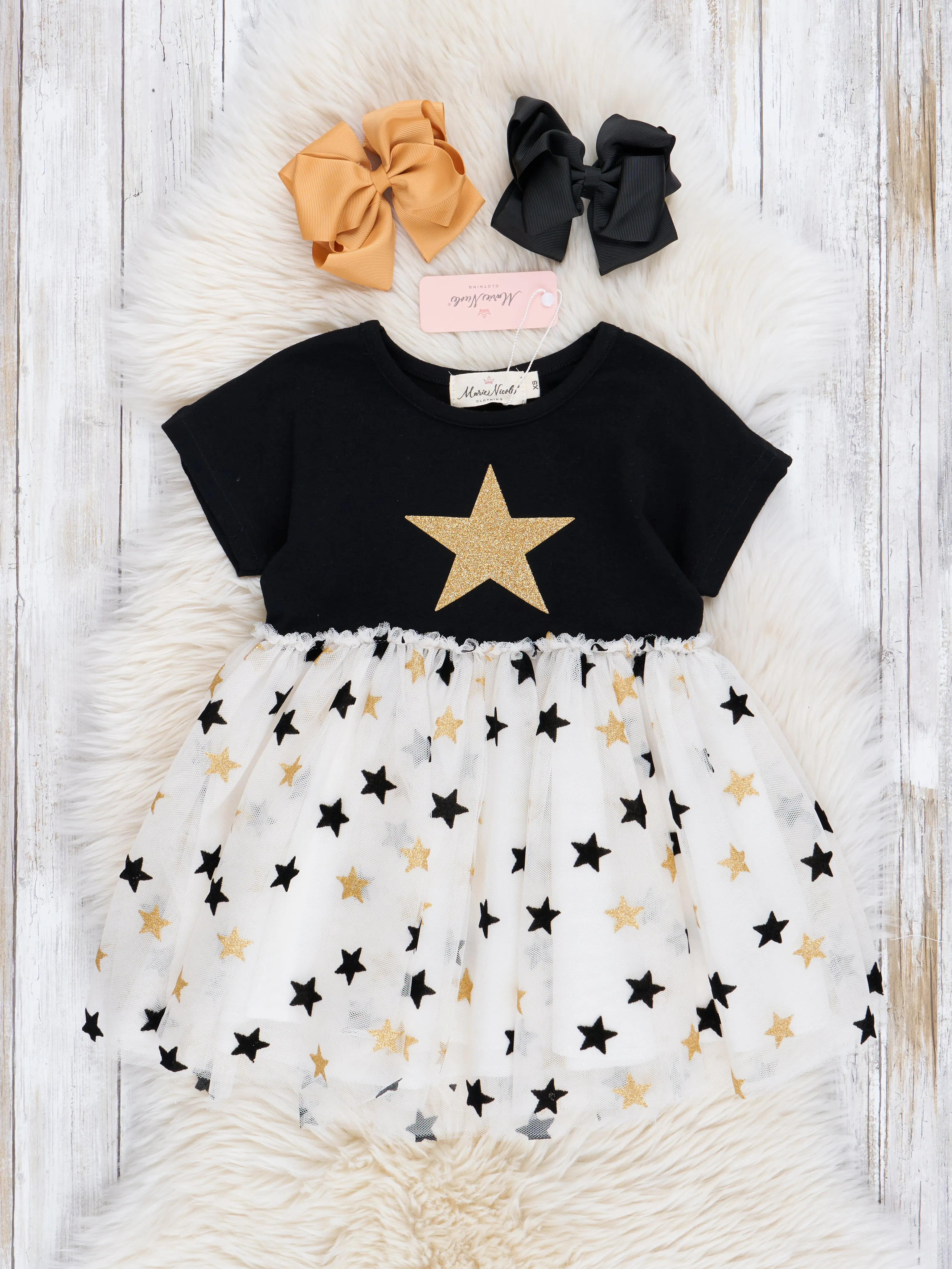 Black & Gold Glitter Stars Tulle Dress