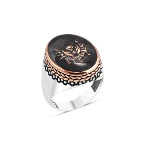 Black Enameled State Coat of Arms on Ellipse Silver Men's Ring with Pointed and Braid Top Pattern