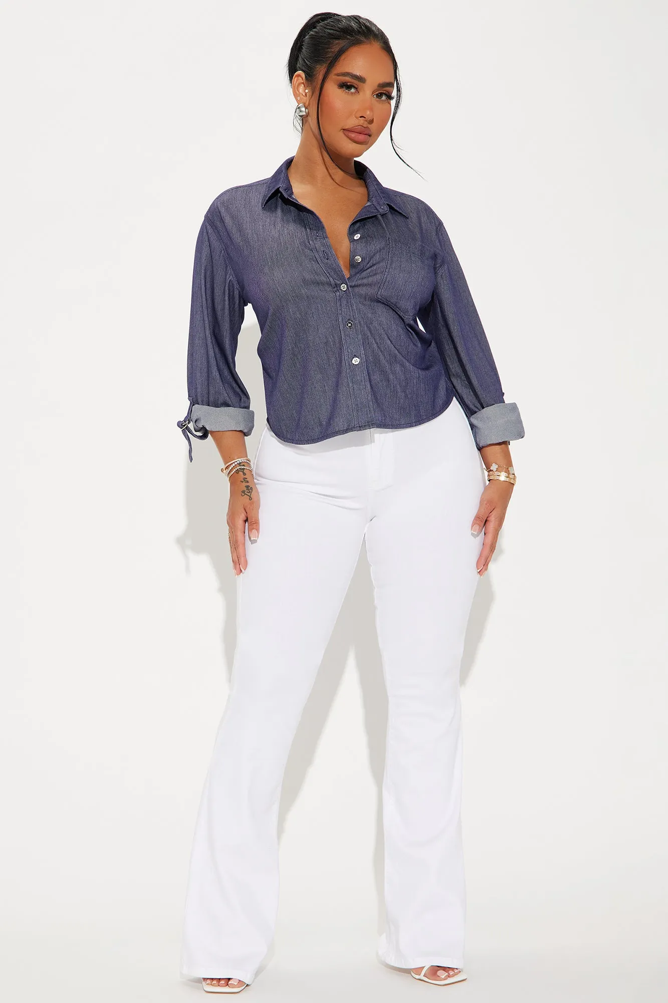 Carolina Cropped Button Down Shirt - Navy