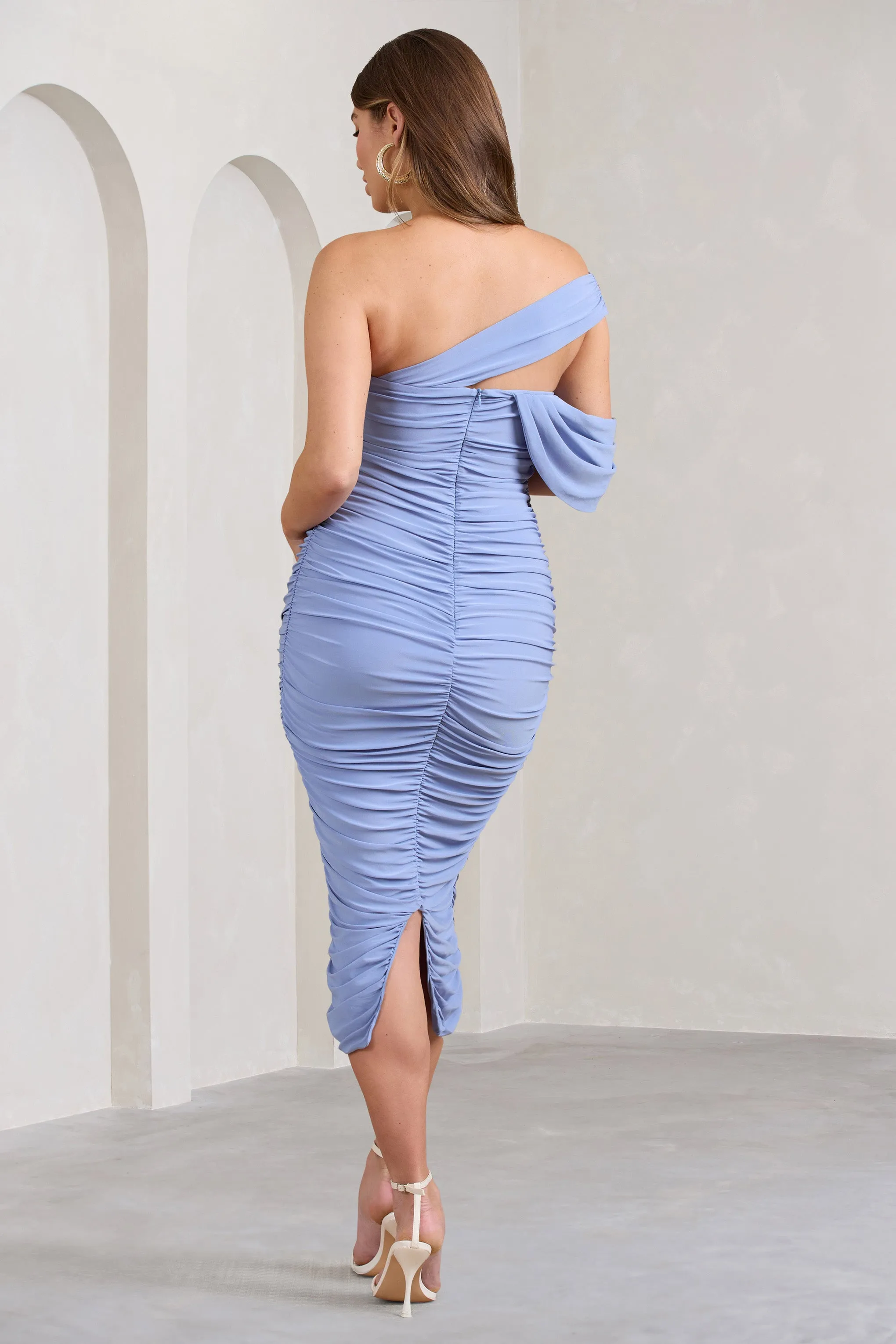 Cici | Powder Blue Asymmetric Ruched Maternity Midi Dress