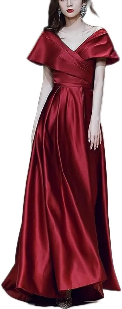 Fashion V-Neck Prom Gown Cap-Sleeve Party Robe Long Dress B-75591 S