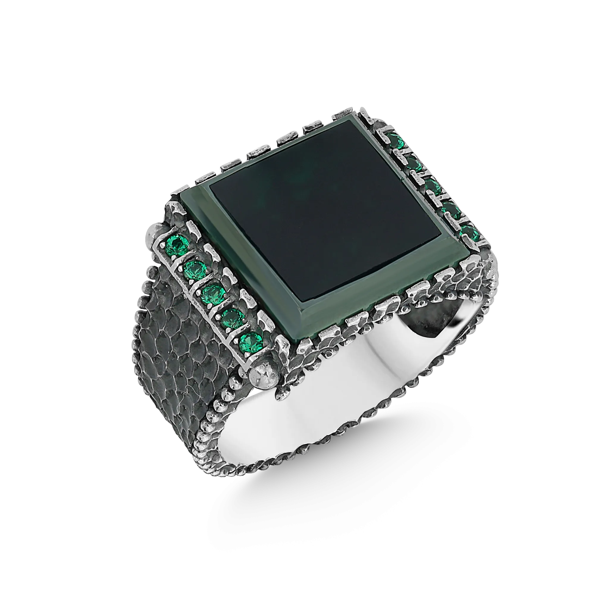 Green Agate Stone Square Silver Men's Ring with Green Zircone on Sides