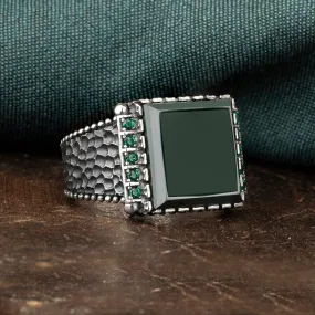 Green Agate Stone Square Silver Men's Ring with Green Zircone on Sides