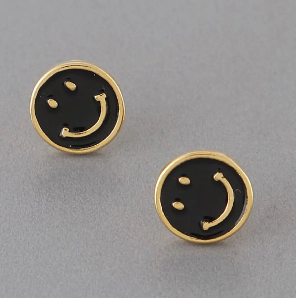 Happy Face Black Enamel Post Earrings