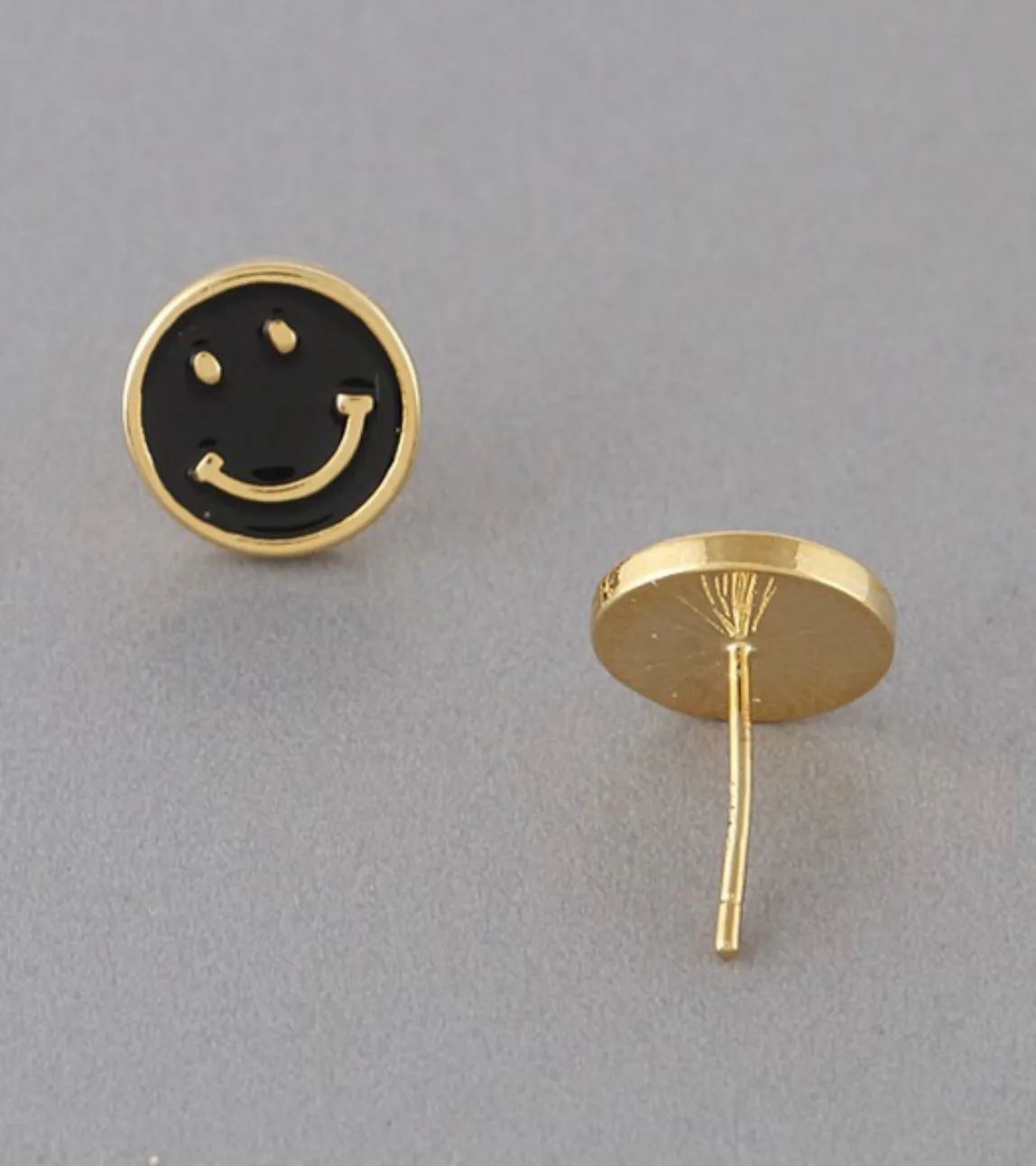 Happy Face Black Enamel Post Earrings