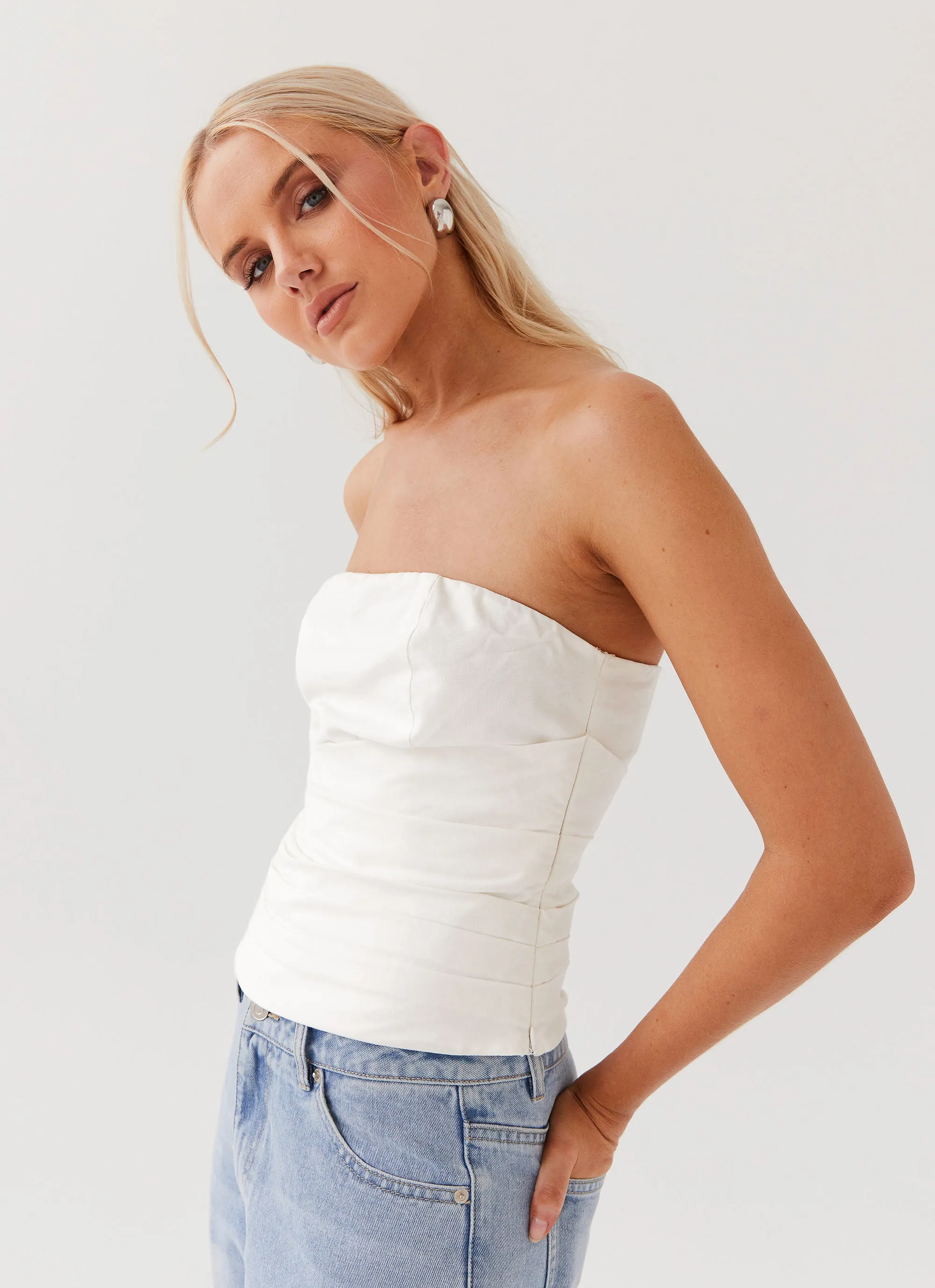 Hidden Road Linen Pleated Corset - White