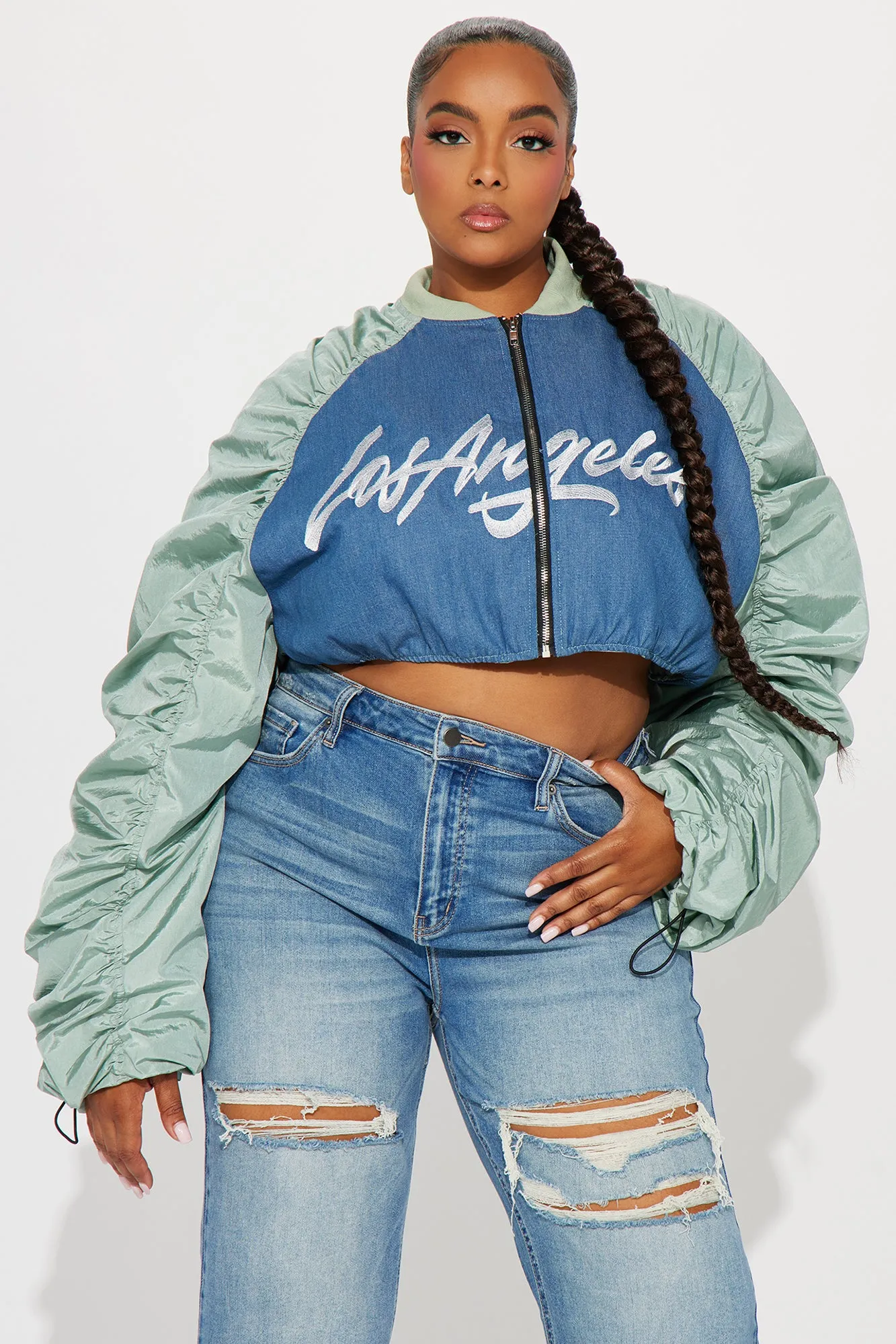 LA Dreamin' Cropped Bomber Jacket - Blue/combo