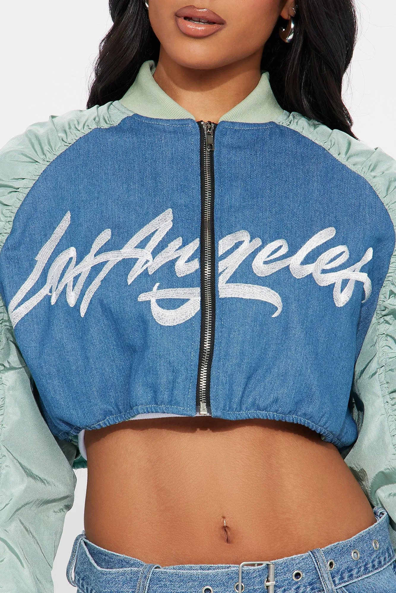 LA Dreamin' Cropped Bomber Jacket - Blue/combo