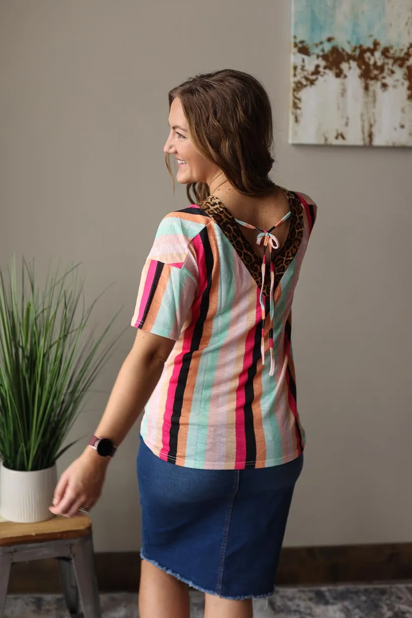 Leopard Contrast V-Neck Multi Stripe Short Sleeve Top