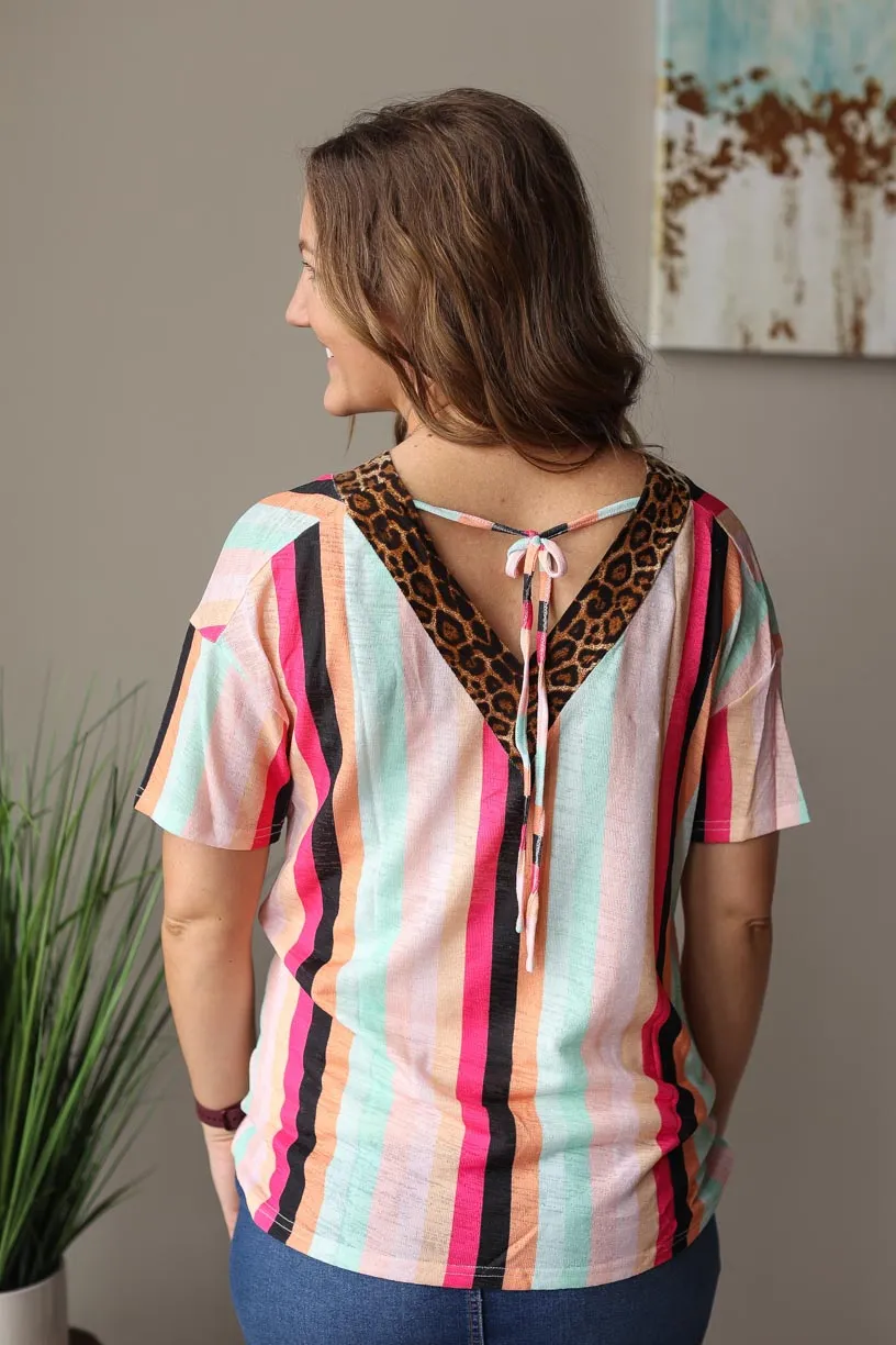 Leopard Contrast V-Neck Multi Stripe Short Sleeve Top