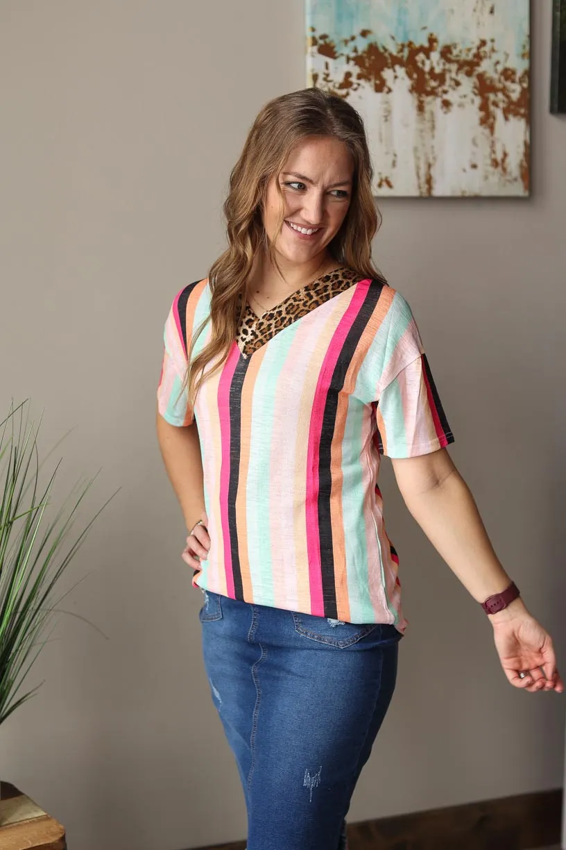 Leopard Contrast V-Neck Multi Stripe Short Sleeve Top