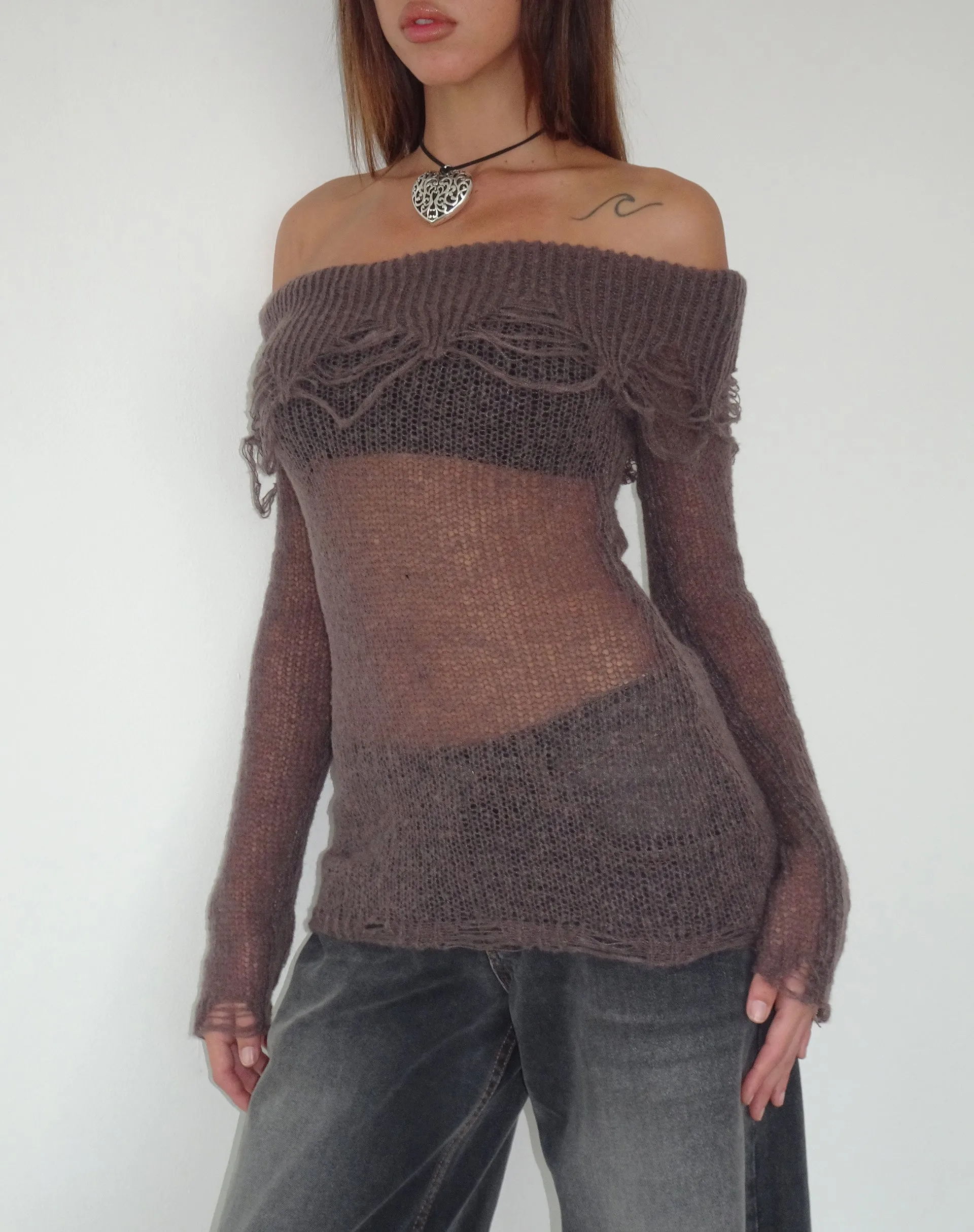 Milena Distress Knit Long Sleeve Bardot Top in Maroon