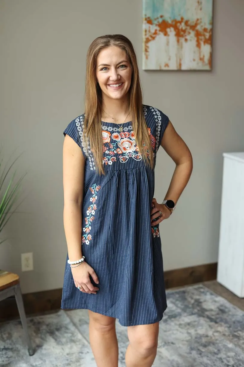 Navy White Stripe Embroidered Dress • S, M