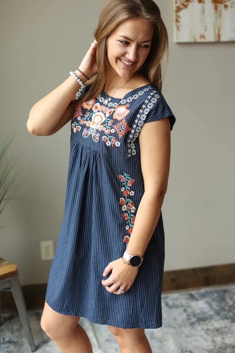 Navy White Stripe Embroidered Dress • S, M