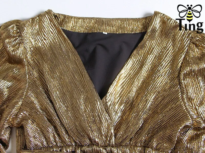 Runway Luxury Party Night Mini Dresses Sexy Deep V neck Shiny Glitter Short Dress Golden Bling Vintage Dress Trendy