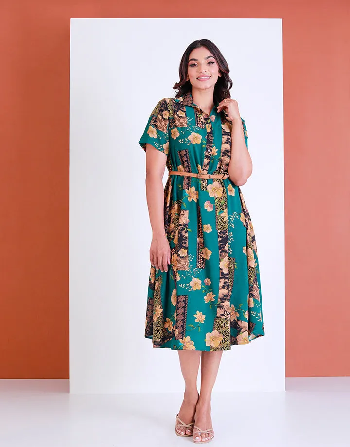 Shirt Collar Printed Midi Dress