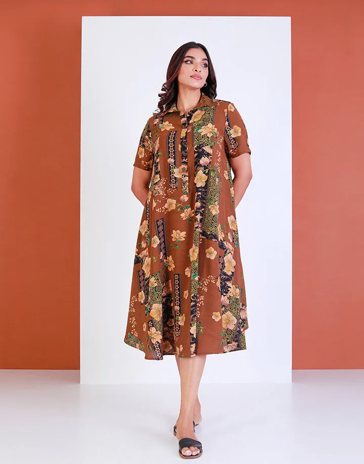 Shirt Collar Printed Midi Dress