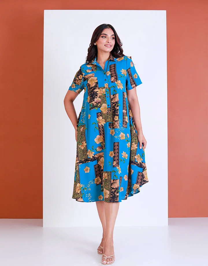 Shirt Collar Printed Midi Dress