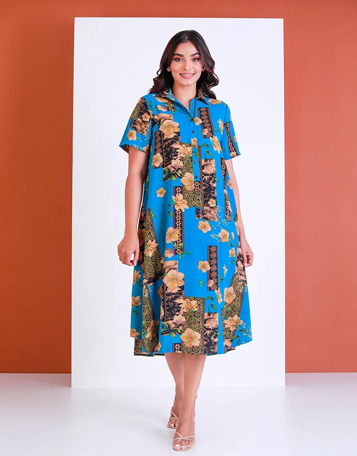 Shirt Collar Printed Midi Dress