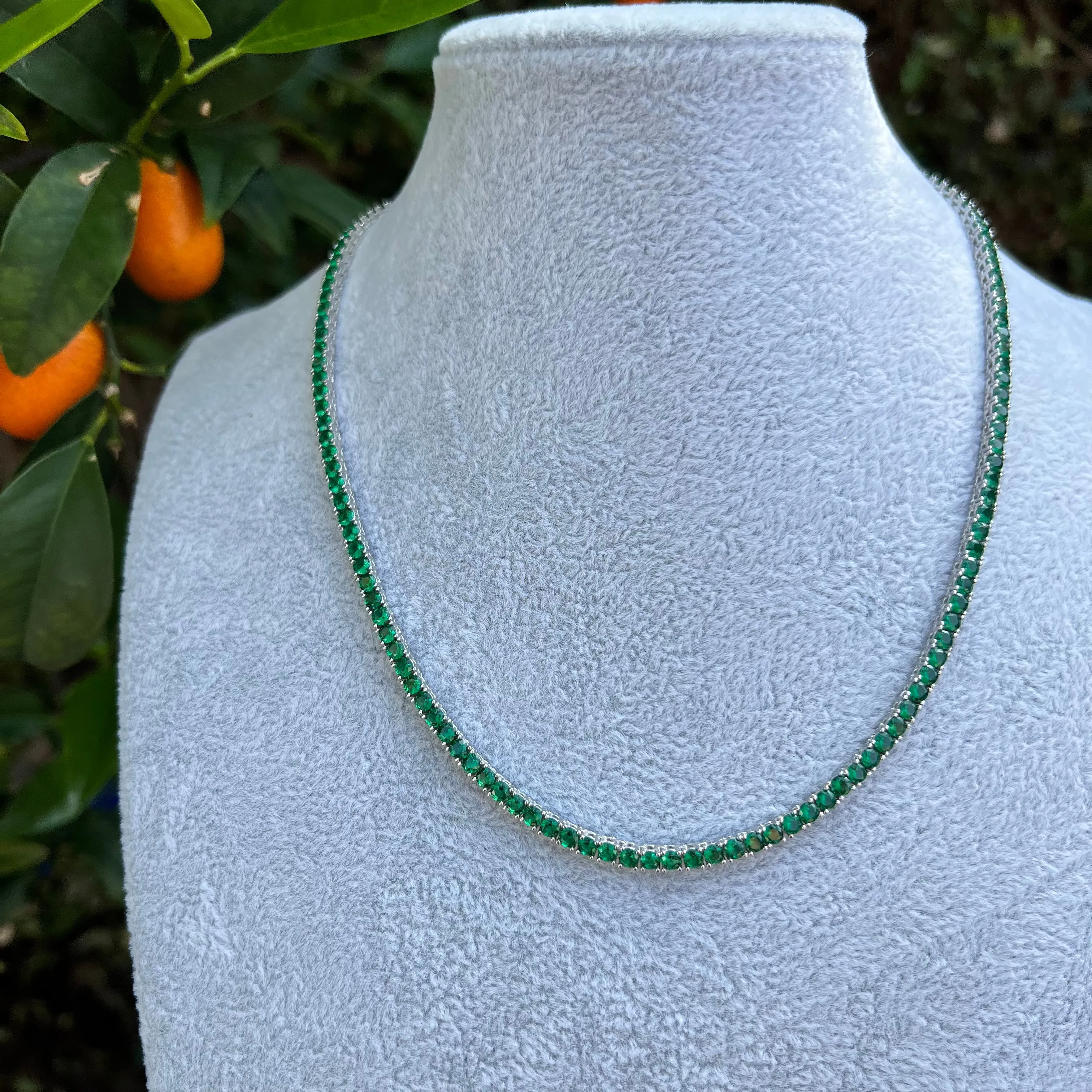 Sterling silver emerald green tennis necklace