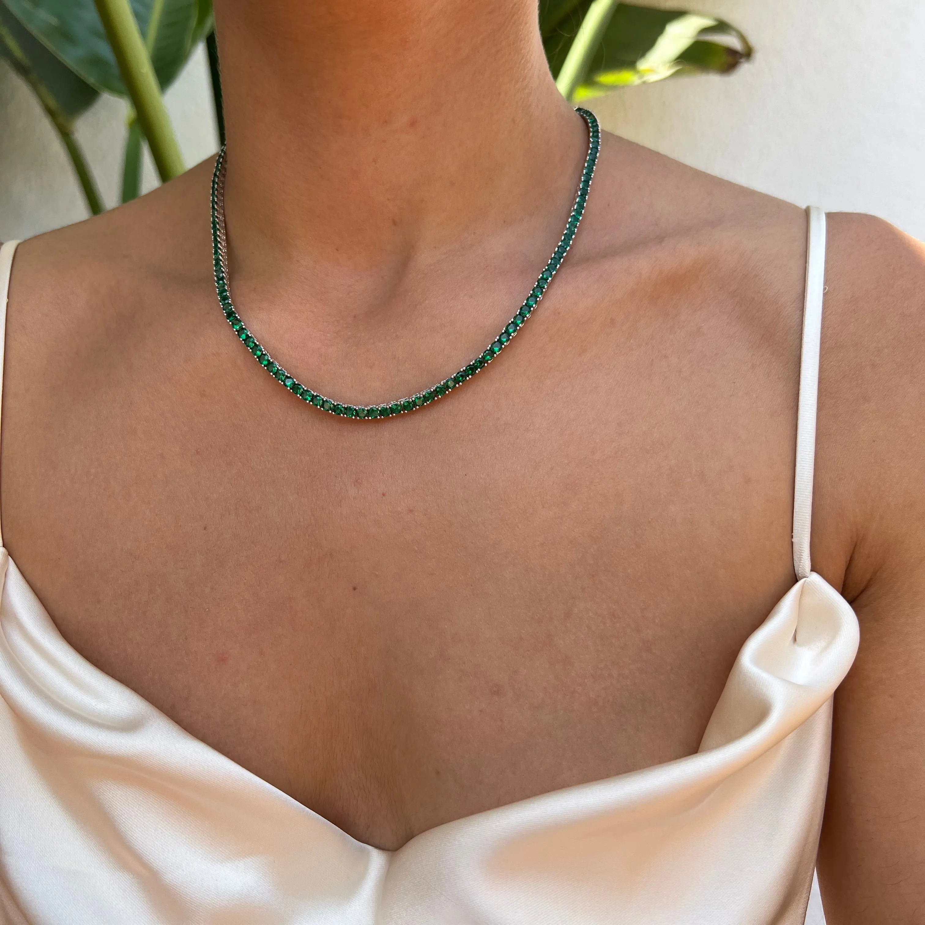 Sterling silver emerald green tennis necklace