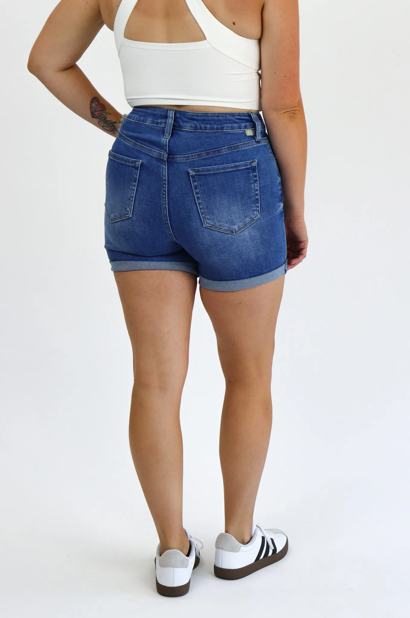 Tummy Control Denim Midi Shorts by AJ