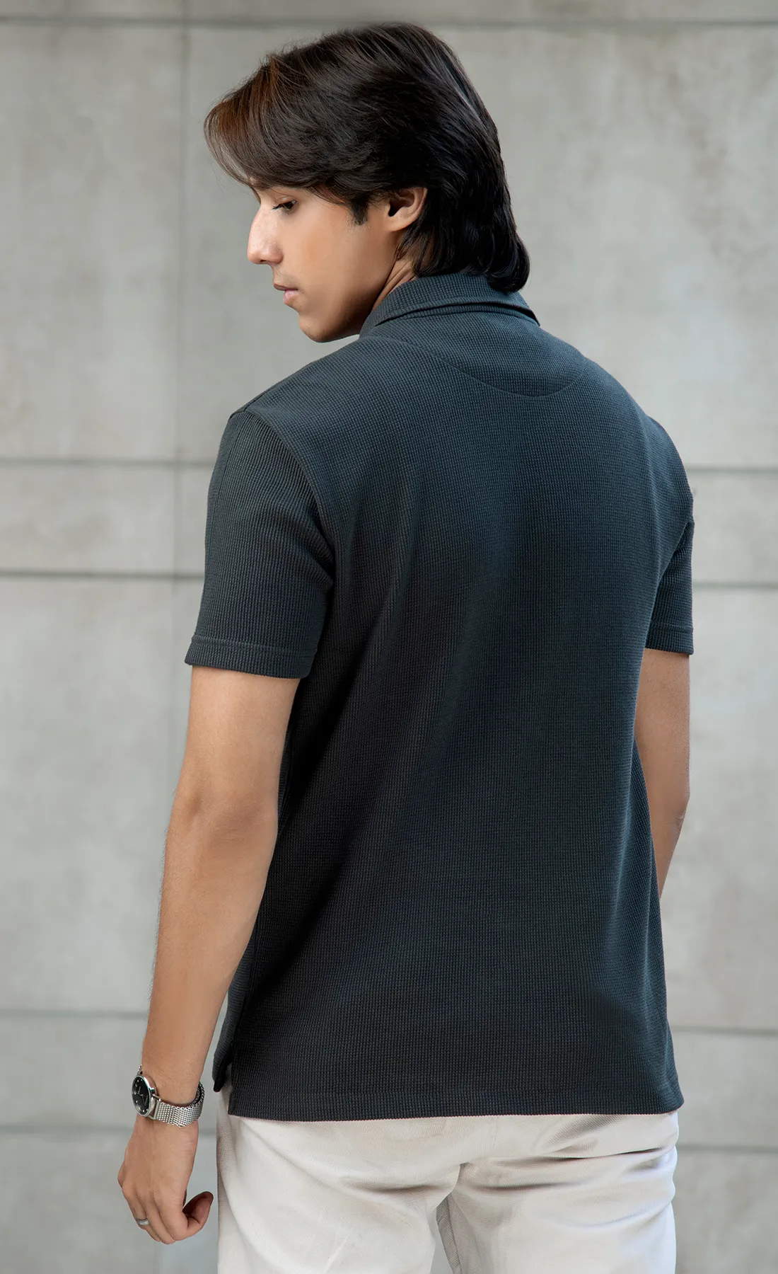 Waffle Knit Polo Black (V-Neck)