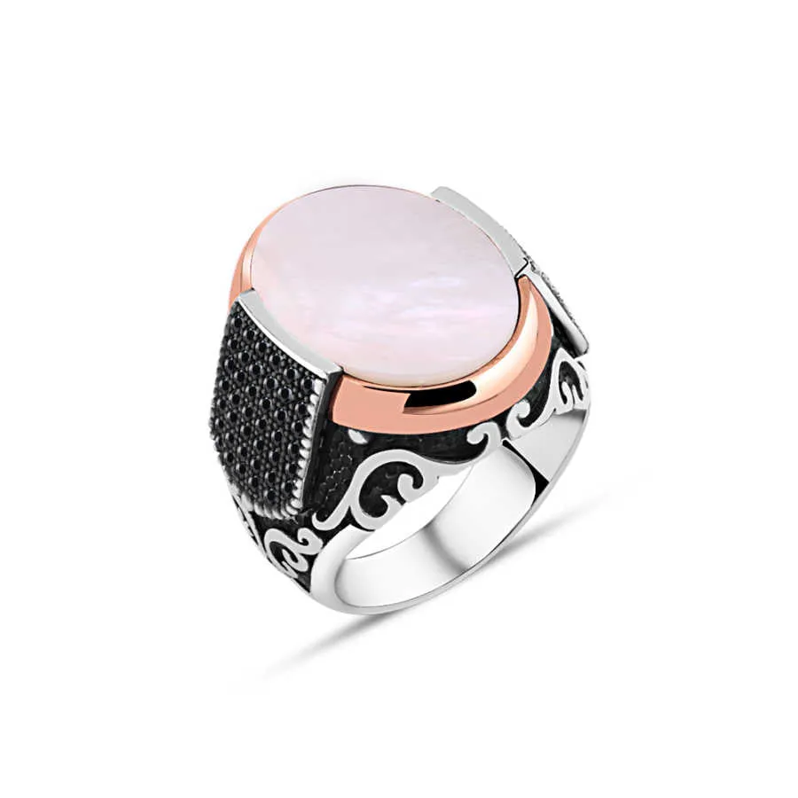 White Ellipse Mother of Pearl Stone Silver Men's Ring Siding Zircons in Epaulet Shape